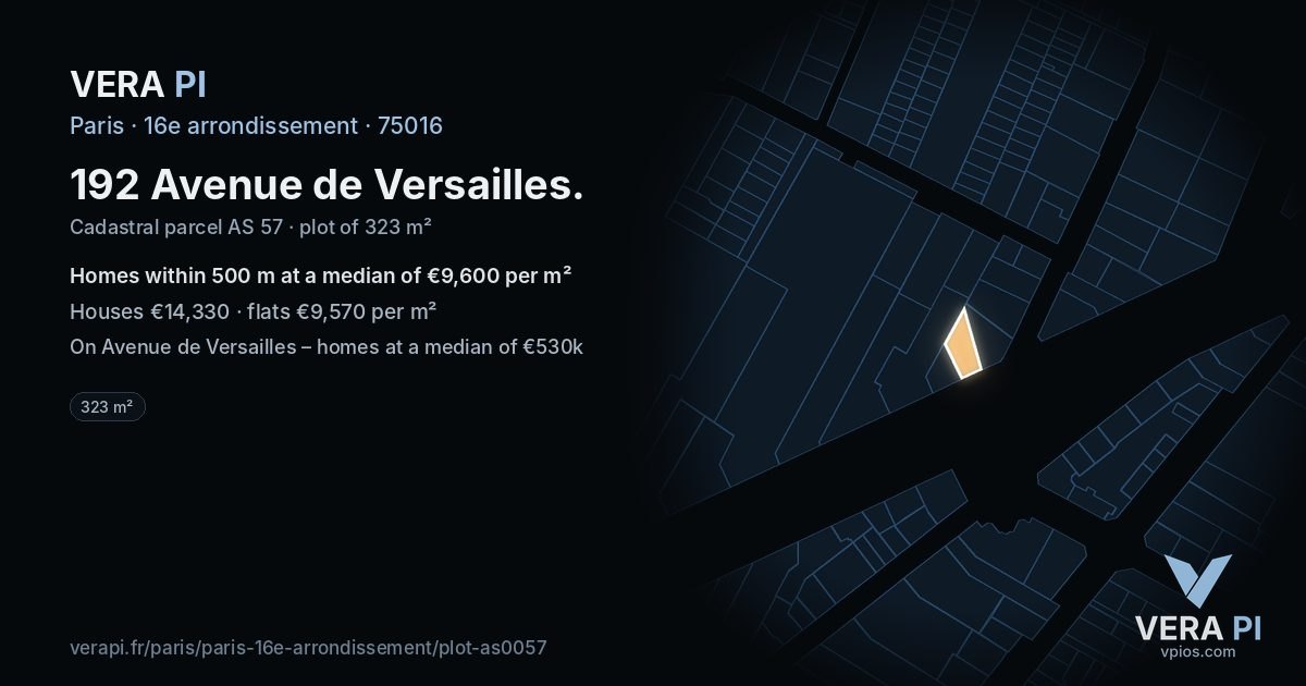 192 Avenue de Versailles, 16e arrondissement at night – the plot lit, the parcels around coloured by the prices near them