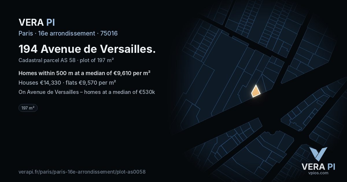 194 Avenue de Versailles, 16e arrondissement at night – the plot lit, the parcels around coloured by the prices near them