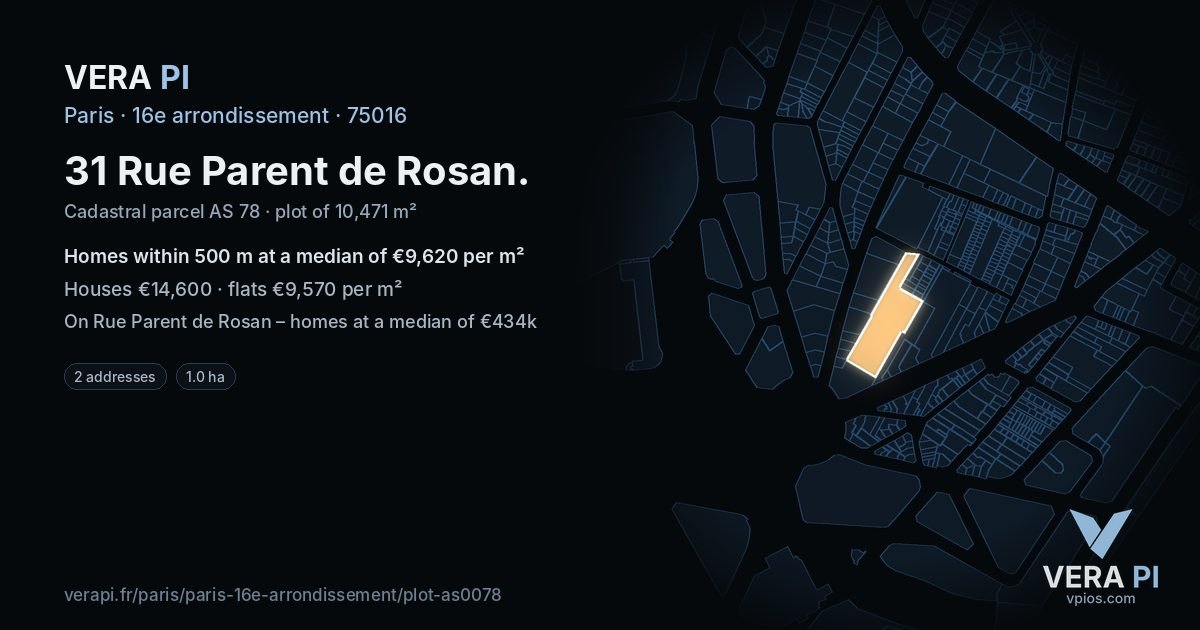 31 Rue Parent de Rosan, 16e arrondissement at night – the plot lit, the parcels around coloured by the prices near them