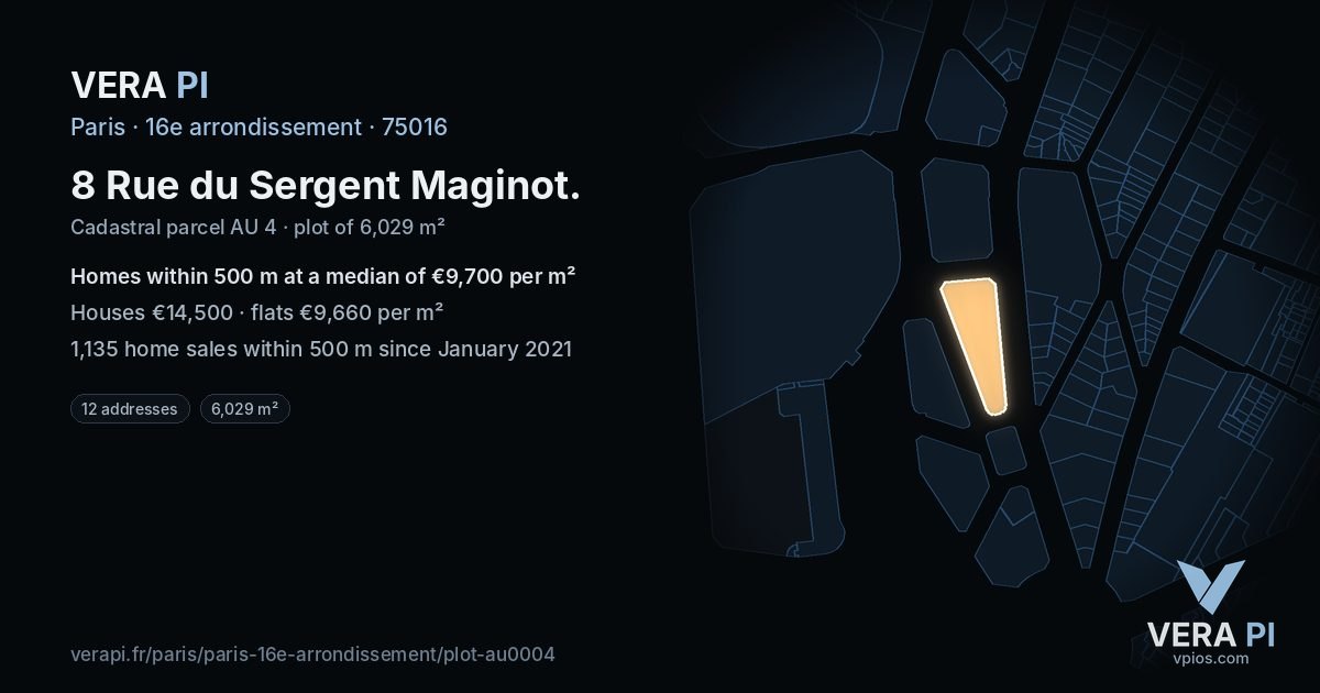 8 Rue du Sergent Maginot, 16e arrondissement at night – the plot lit, the parcels around coloured by the prices near them
