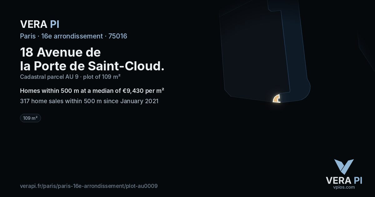 18 Avenue de la Porte de Saint-Cloud, 16e arrondissement at night – the plot lit, the parcels around coloured by the prices near them