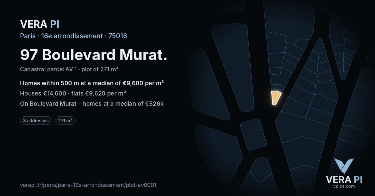 97 Boulevard Murat, 16e arrondissement at night – the plot lit, the parcels around coloured by the prices near them