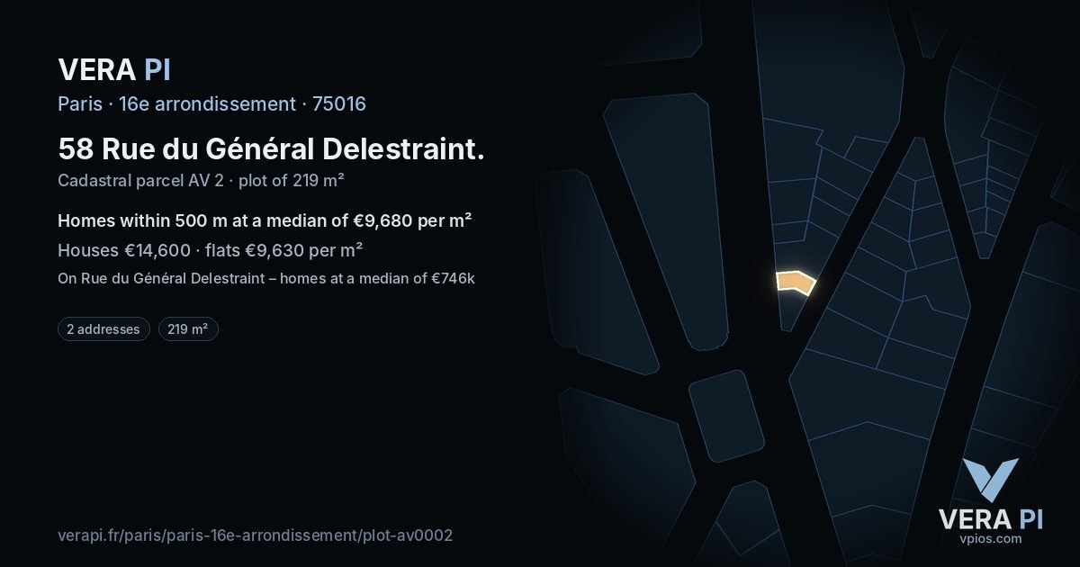 58 Rue du Général Delestraint, 16e arrondissement at night – the plot lit, the parcels around coloured by the prices near them