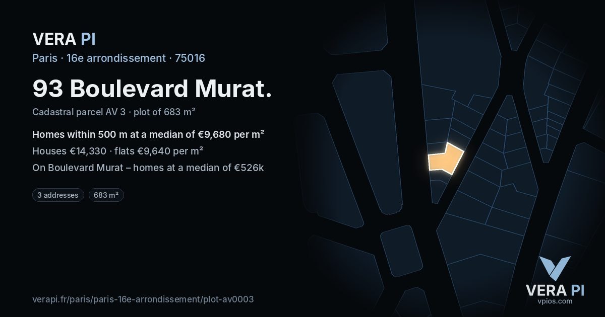 93 Boulevard Murat, 16e arrondissement at night – the plot lit, the parcels around coloured by the prices near them