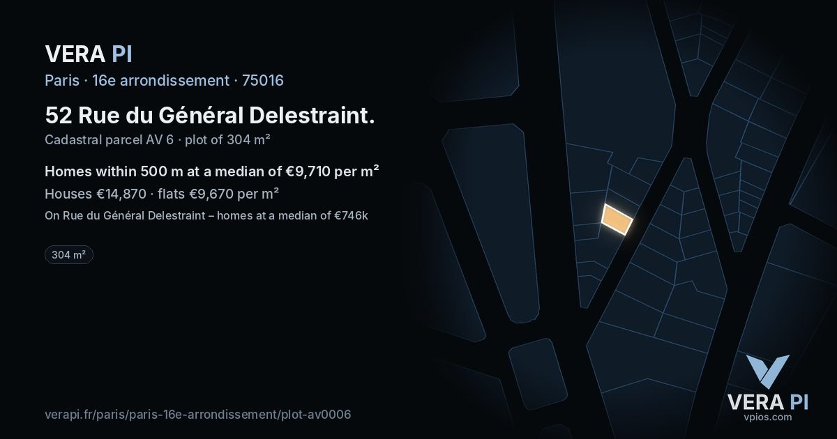 52 Rue du Général Delestraint, 16e arrondissement at night – the plot lit, the parcels around coloured by the prices near them