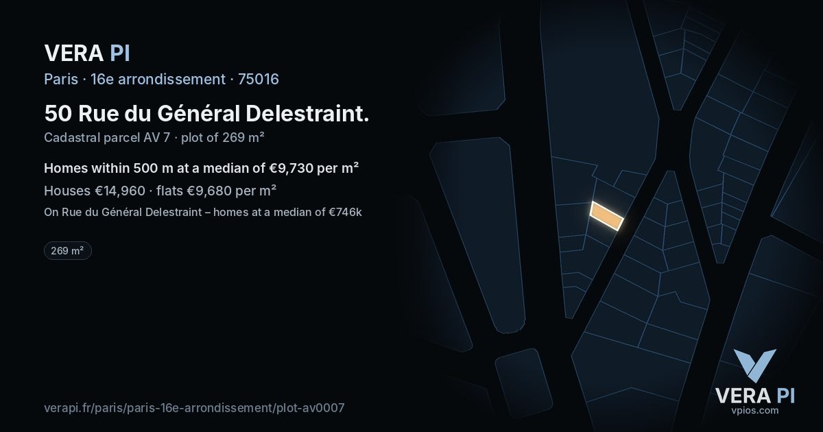 50 Rue du Général Delestraint, 16e arrondissement at night – the plot lit, the parcels around coloured by the prices near them