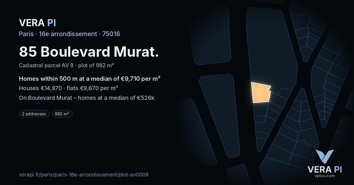 85 Boulevard Murat, 16e arrondissement at night – the plot lit, the parcels around coloured by the prices near them
