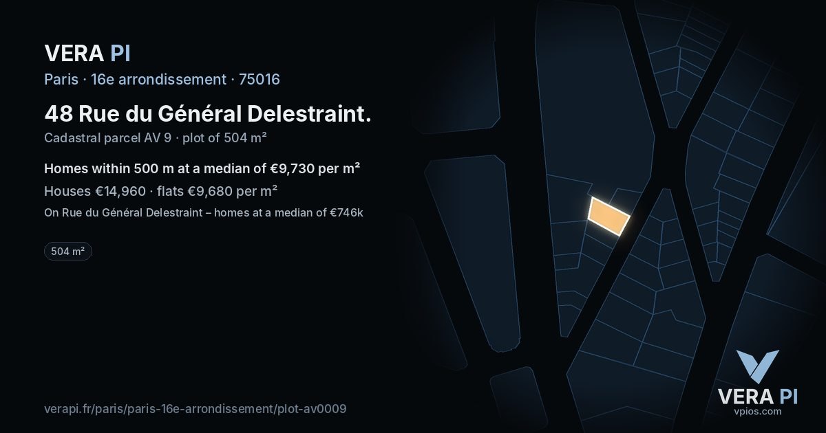 48 Rue du Général Delestraint, 16e arrondissement at night – the plot lit, the parcels around coloured by the prices near them