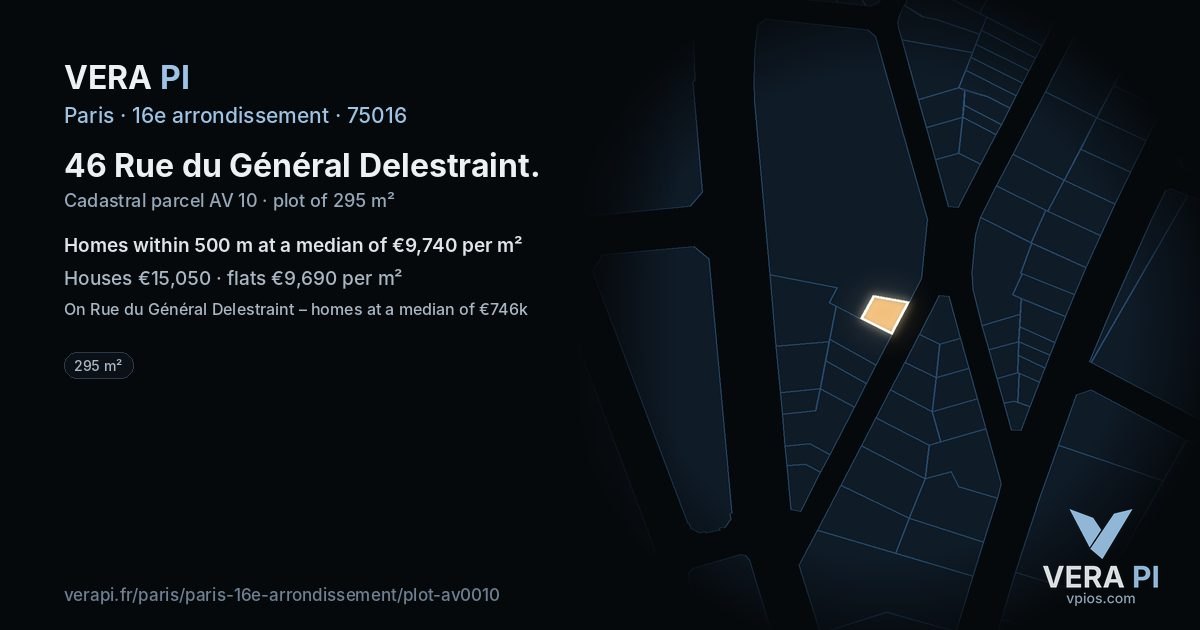 46 Rue du Général Delestraint, 16e arrondissement at night – the plot lit, the parcels around coloured by the prices near them