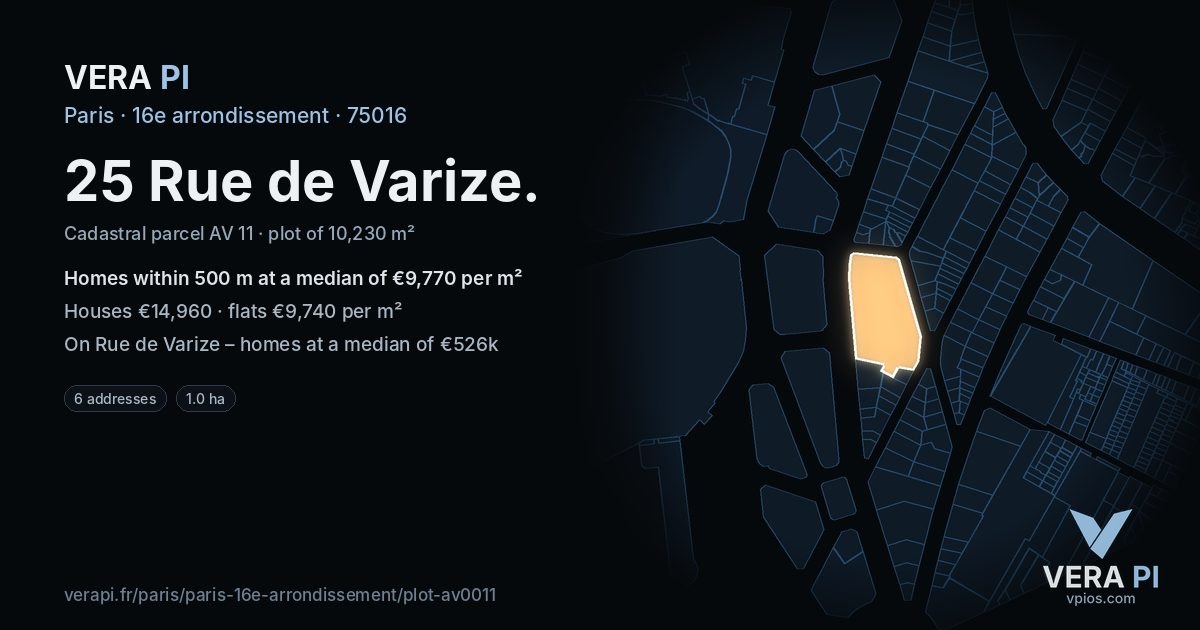 25 Rue de Varize, 16e arrondissement at night – the plot lit, the parcels around coloured by the prices near them