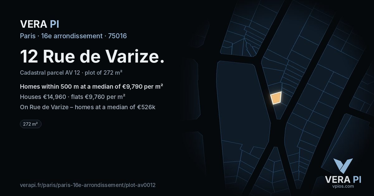 12 Rue de Varize, 16e arrondissement at night – the plot lit, the parcels around coloured by the prices near them