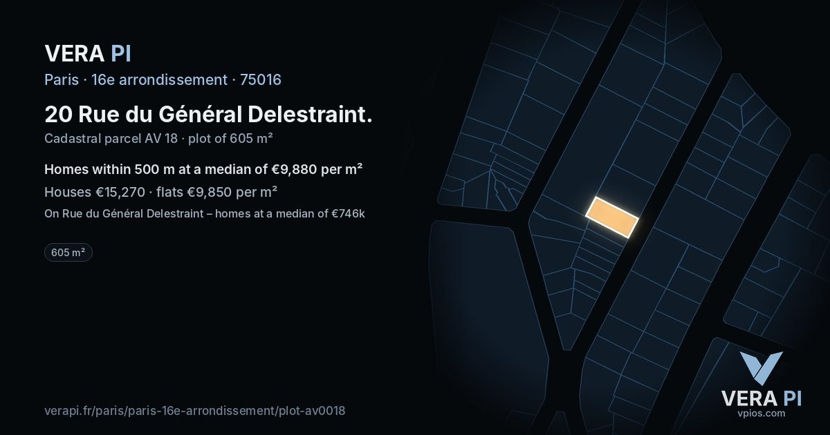 20 Rue du Général Delestraint, 16e arrondissement at night – the plot lit, the parcels around coloured by the prices near them