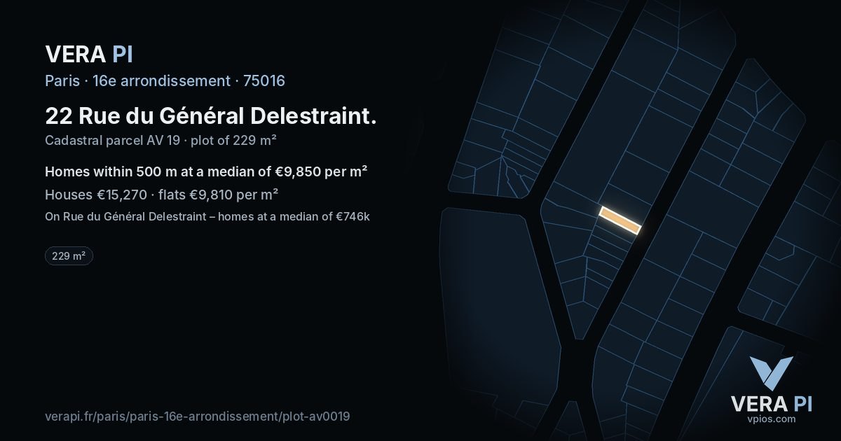 22 Rue du Général Delestraint, 16e arrondissement at night – the plot lit, the parcels around coloured by the prices near them