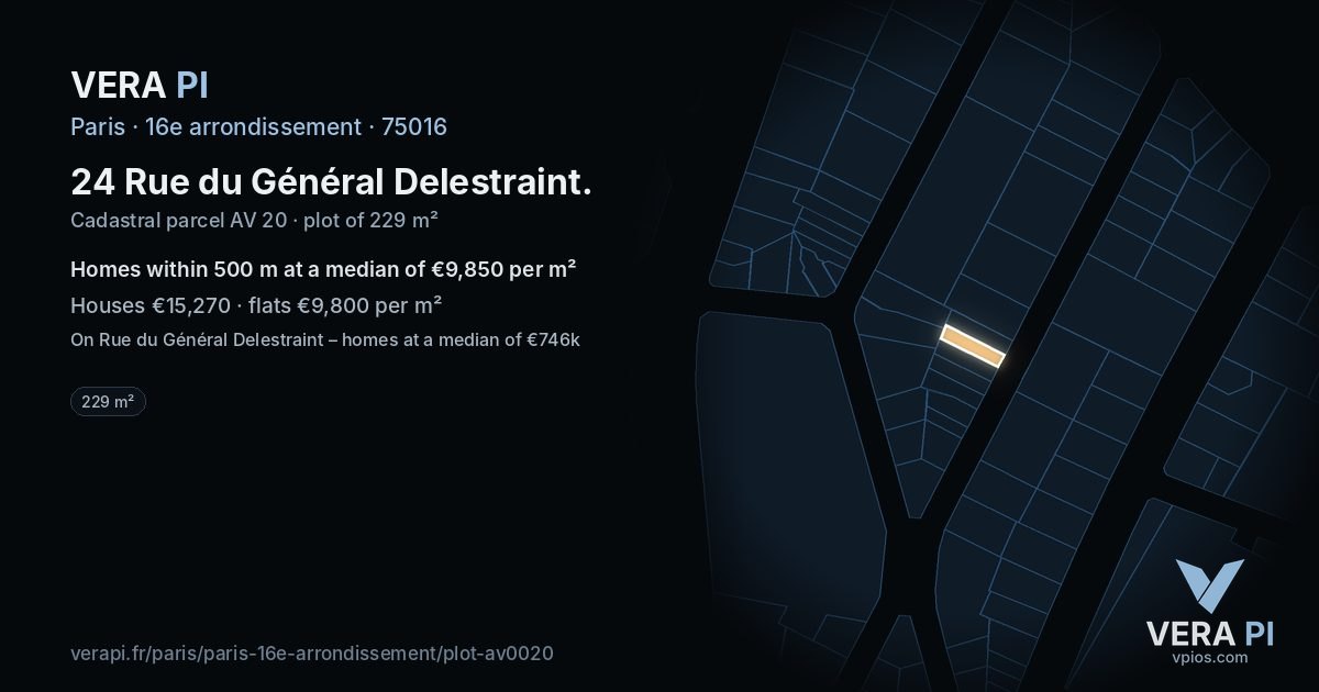 24 Rue du Général Delestraint, 16e arrondissement at night – the plot lit, the parcels around coloured by the prices near them