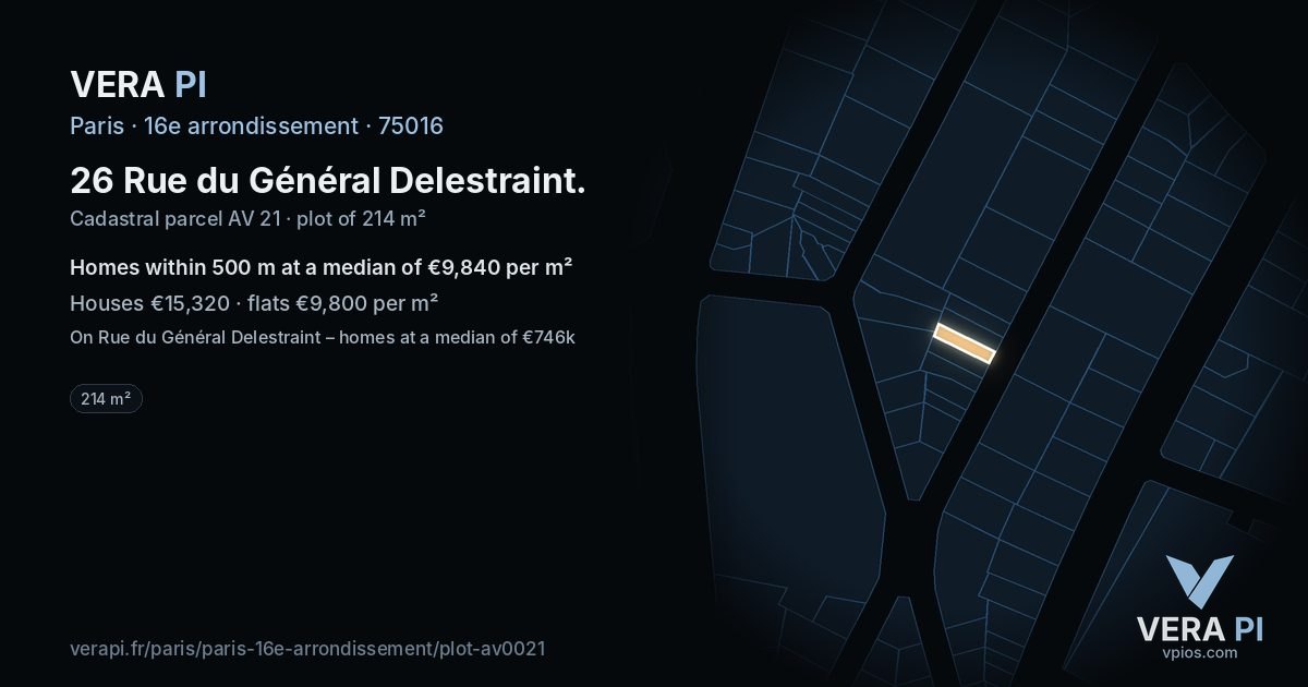 26 Rue du Général Delestraint, 16e arrondissement at night – the plot lit, the parcels around coloured by the prices near them