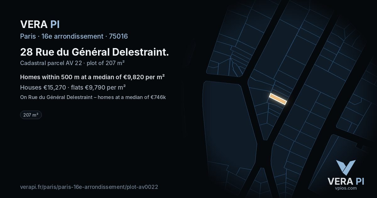28 Rue du Général Delestraint, 16e arrondissement at night – the plot lit, the parcels around coloured by the prices near them