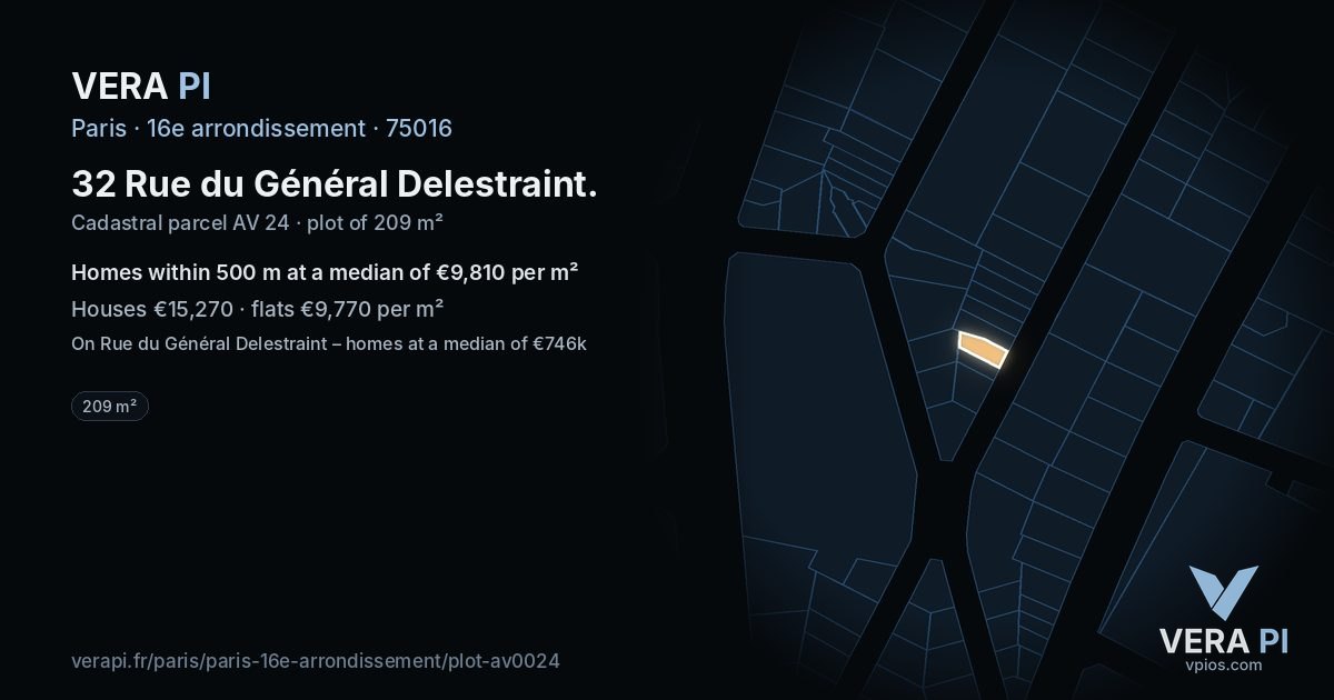 32 Rue du Général Delestraint, 16e arrondissement at night – the plot lit, the parcels around coloured by the prices near them