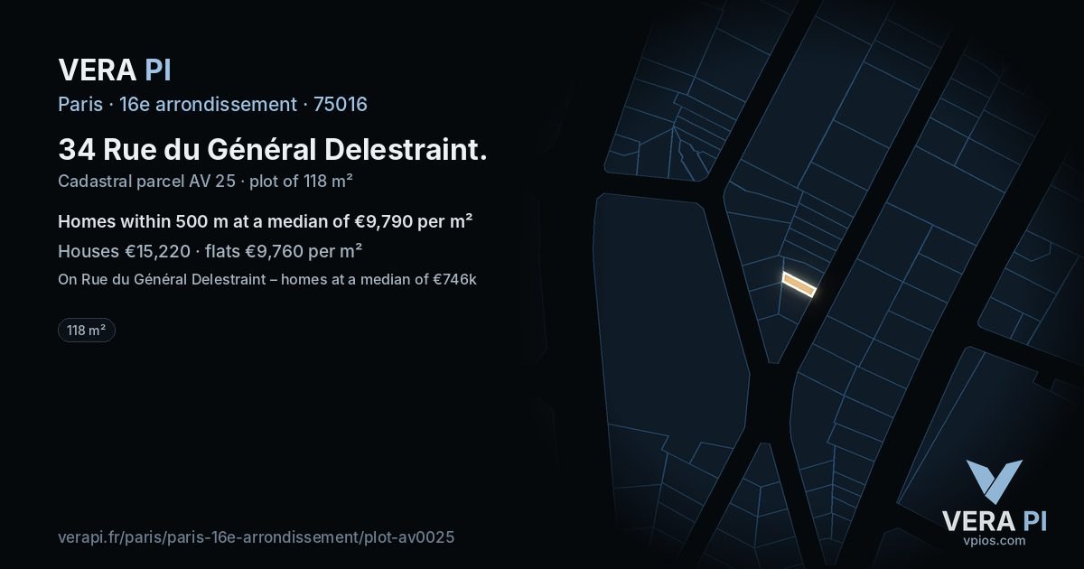 34 Rue du Général Delestraint, 16e arrondissement at night – the plot lit, the parcels around coloured by the prices near them