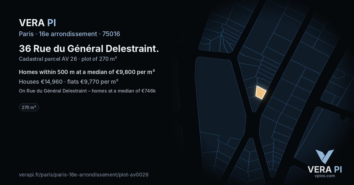 36 Rue du Général Delestraint, 16e arrondissement at night – the plot lit, the parcels around coloured by the prices near them