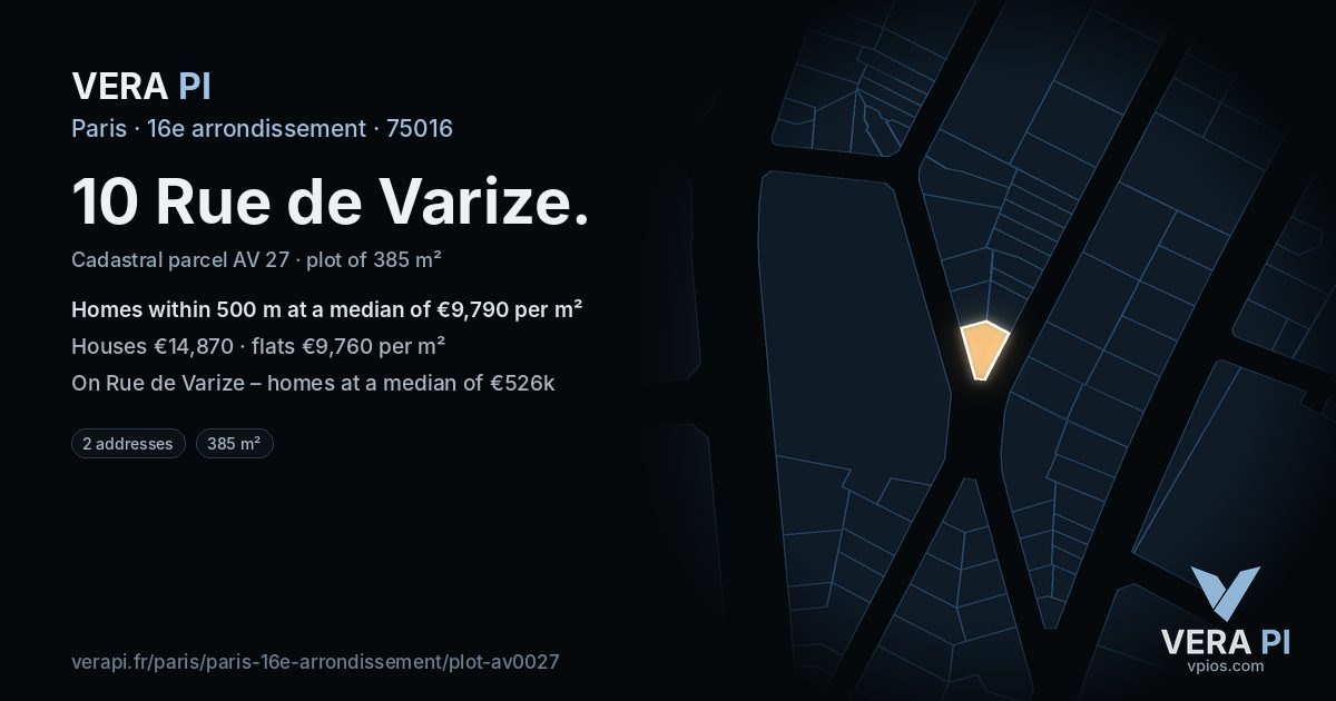 10 Rue de Varize, 16e arrondissement at night – the plot lit, the parcels around coloured by the prices near them