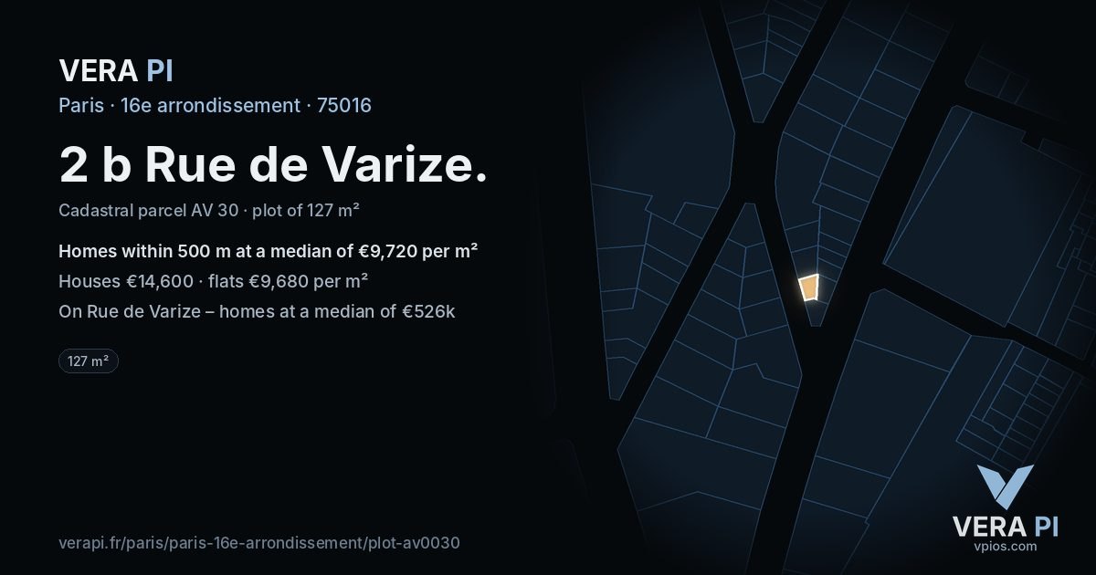 2 b Rue de Varize, 16e arrondissement at night – the plot lit, the parcels around coloured by the prices near them