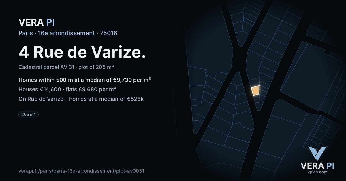 4 Rue de Varize, 16e arrondissement at night – the plot lit, the parcels around coloured by the prices near them