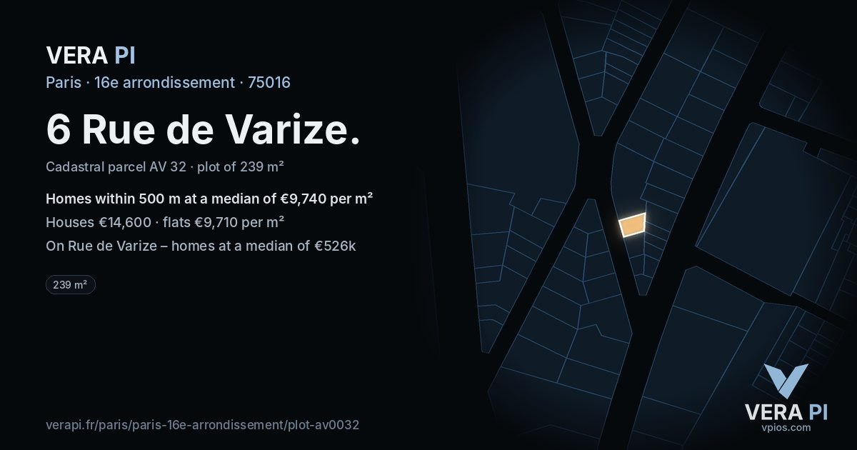 6 Rue de Varize, 16e arrondissement at night – the plot lit, the parcels around coloured by the prices near them