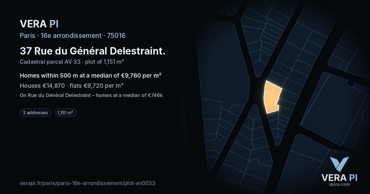 37 Rue du Général Delestraint, 16e arrondissement at night – the plot lit, the parcels around coloured by the prices near them