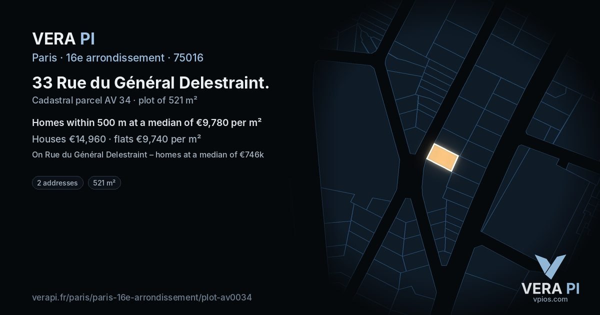 33 Rue du Général Delestraint, 16e arrondissement at night – the plot lit, the parcels around coloured by the prices near them