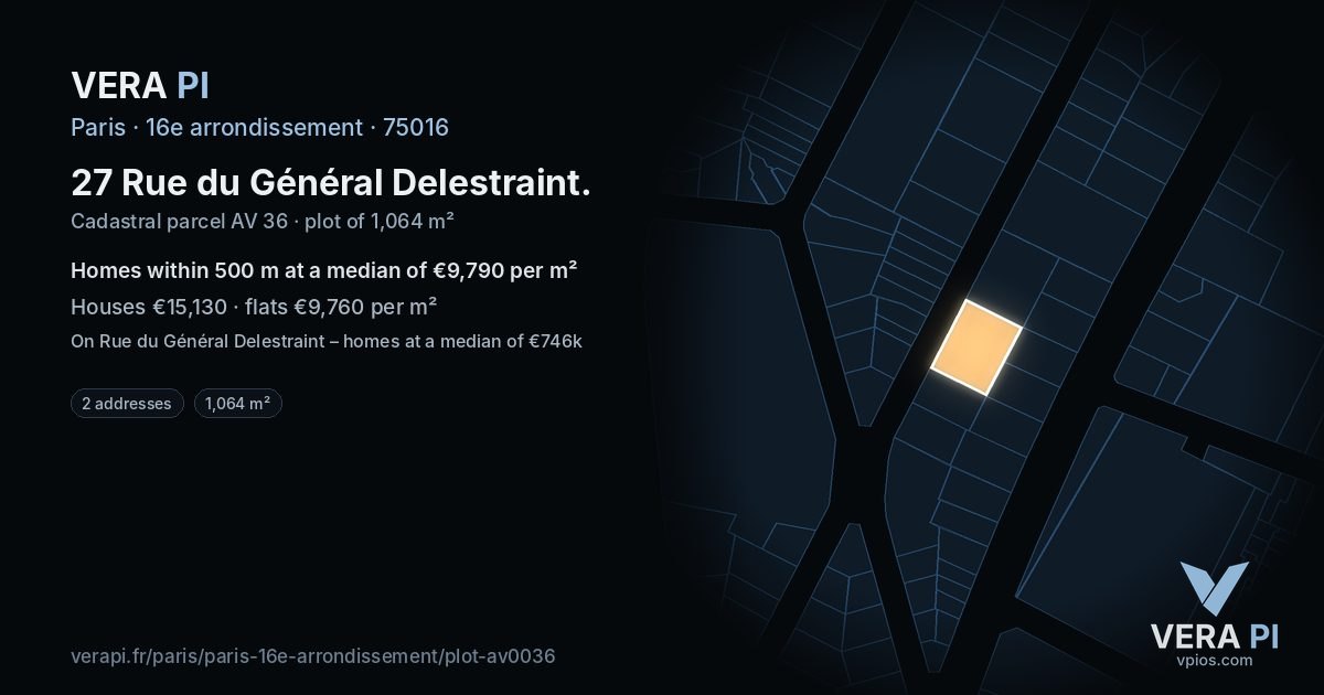 27 Rue du Général Delestraint, 16e arrondissement at night – the plot lit, the parcels around coloured by the prices near them