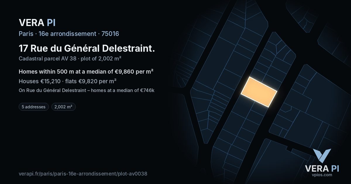 17 Rue du Général Delestraint, 16e arrondissement at night – the plot lit, the parcels around coloured by the prices near them
