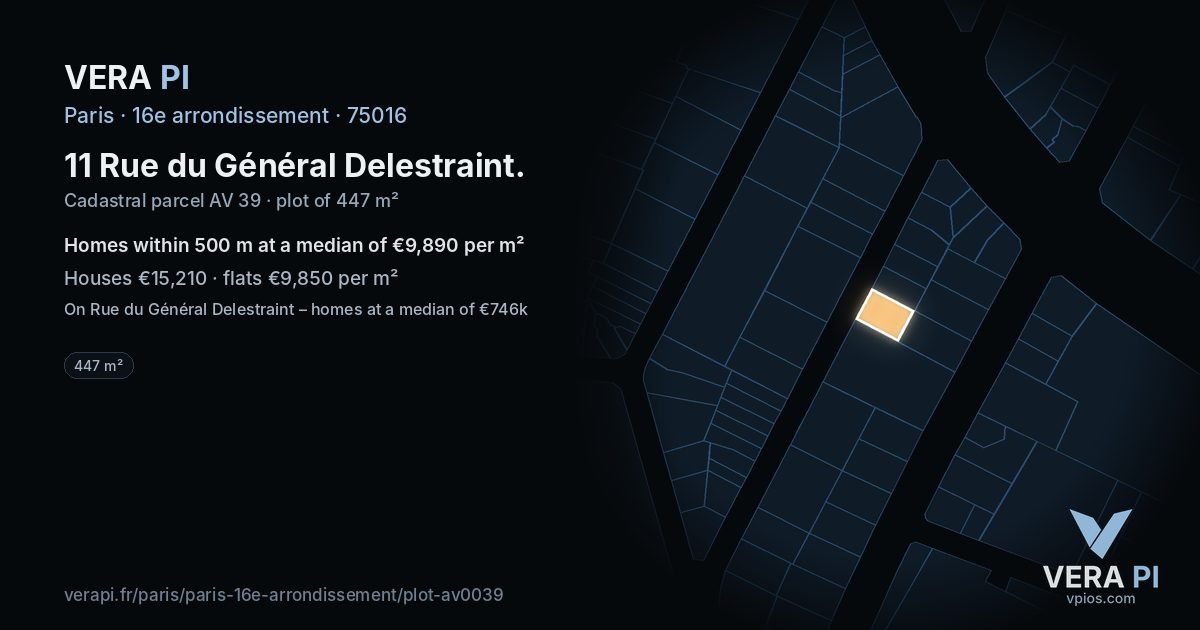 11 Rue du Général Delestraint, 16e arrondissement at night – the plot lit, the parcels around coloured by the prices near them