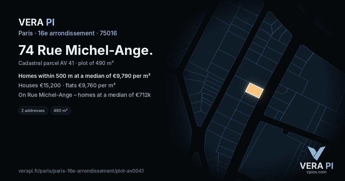 74 Rue Michel-Ange, 16e arrondissement at night – the plot lit, the parcels around coloured by the prices near them