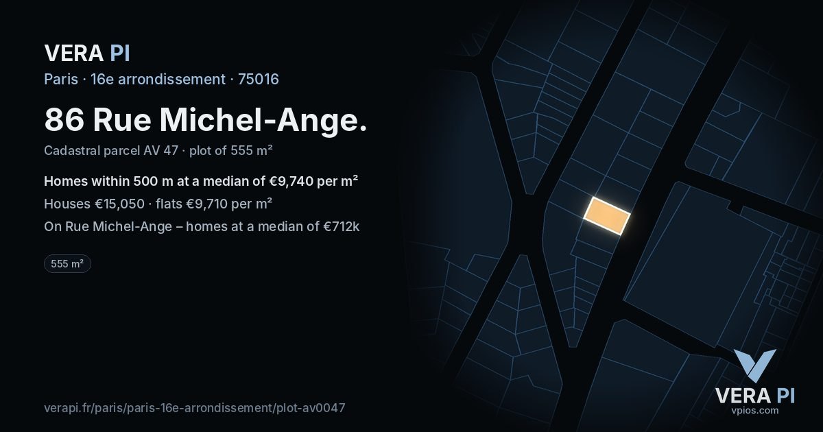 86 Rue Michel-Ange, 16e arrondissement at night – the plot lit, the parcels around coloured by the prices near them