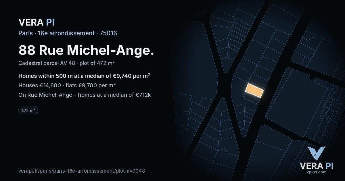 88 Rue Michel-Ange, 16e arrondissement at night – the plot lit, the parcels around coloured by the prices near them