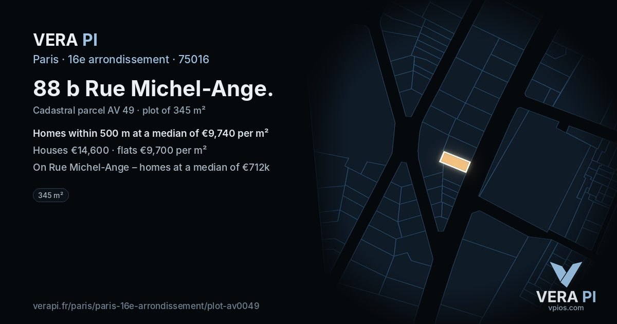 88 b Rue Michel-Ange, 16e arrondissement at night – the plot lit, the parcels around coloured by the prices near them
