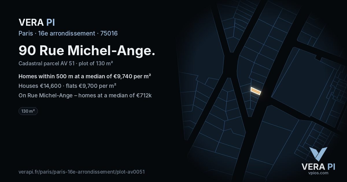 90 Rue Michel-Ange, 16e arrondissement at night – the plot lit, the parcels around coloured by the prices near them
