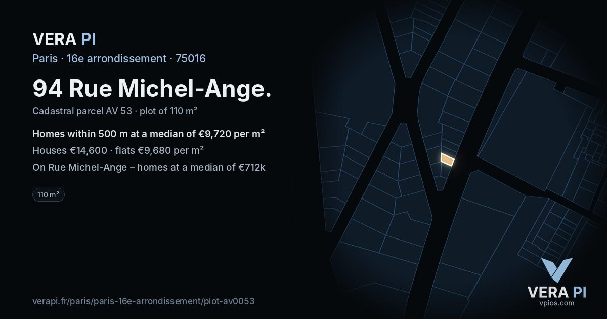 94 Rue Michel-Ange, 16e arrondissement at night – the plot lit, the parcels around coloured by the prices near them