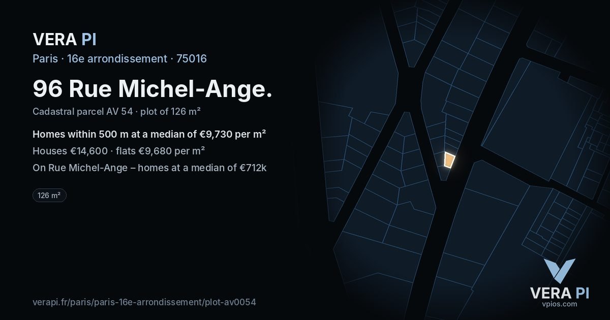 96 Rue Michel-Ange, 16e arrondissement at night – the plot lit, the parcels around coloured by the prices near them