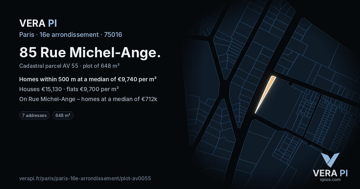 85 Rue Michel-Ange, 16e arrondissement at night – the plot lit, the parcels around coloured by the prices near them
