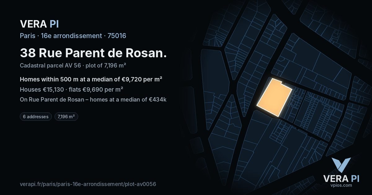 38 Rue Parent de Rosan, 16e arrondissement at night – the plot lit, the parcels around coloured by the prices near them
