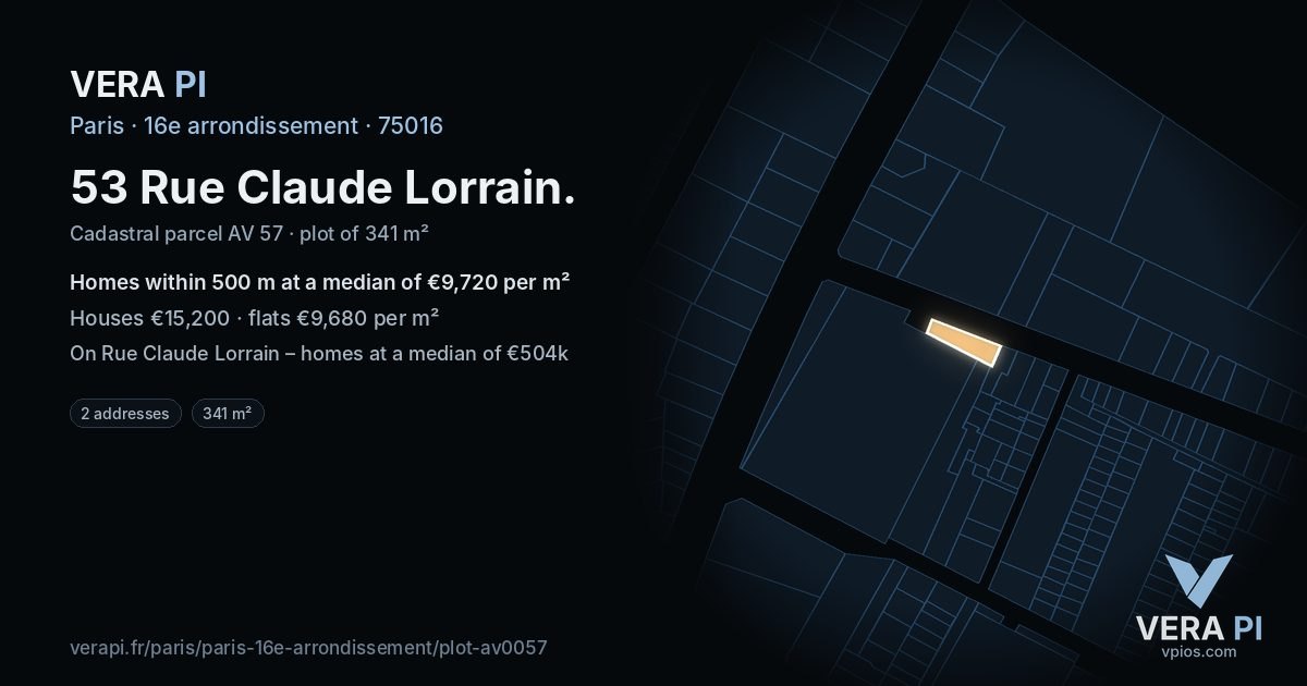 53 Rue Claude Lorrain, 16e arrondissement at night – the plot lit, the parcels around coloured by the prices near them