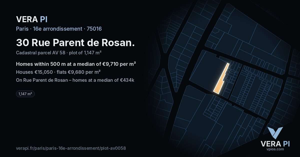 30 Rue Parent de Rosan, 16e arrondissement at night – the plot lit, the parcels around coloured by the prices near them