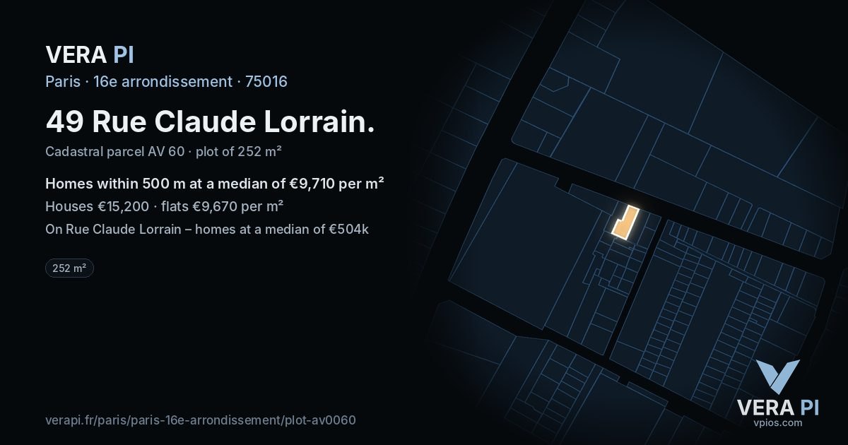 49 Rue Claude Lorrain, 16e arrondissement at night – the plot lit, the parcels around coloured by the prices near them