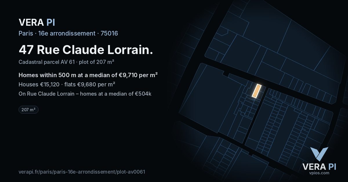 47 Rue Claude Lorrain, 16e arrondissement at night – the plot lit, the parcels around coloured by the prices near them