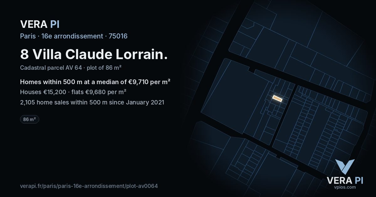 8 Villa Claude Lorrain, 16e arrondissement at night – the plot lit, the parcels around coloured by the prices near them