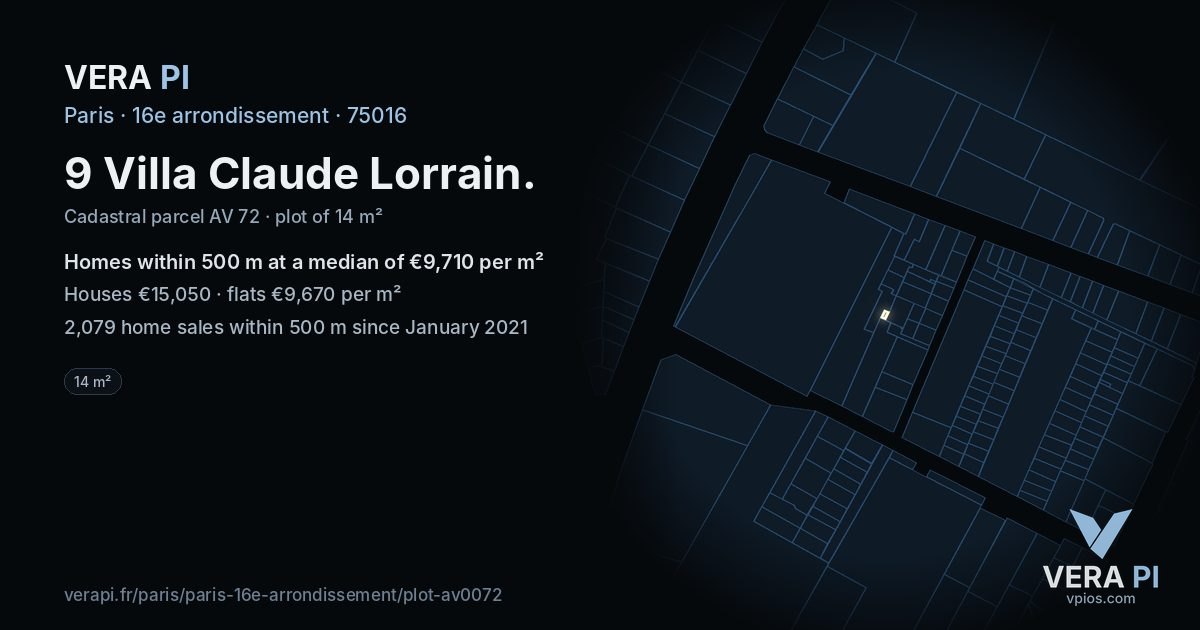 9 Villa Claude Lorrain, 16e arrondissement at night – the plot lit, the parcels around coloured by the prices near them