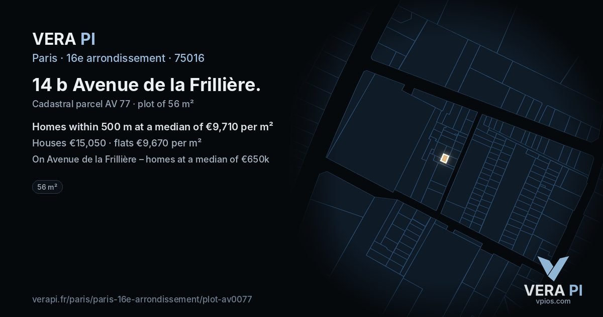 14 b Avenue de la Frillière, 16e arrondissement at night – the plot lit, the parcels around coloured by the prices near them