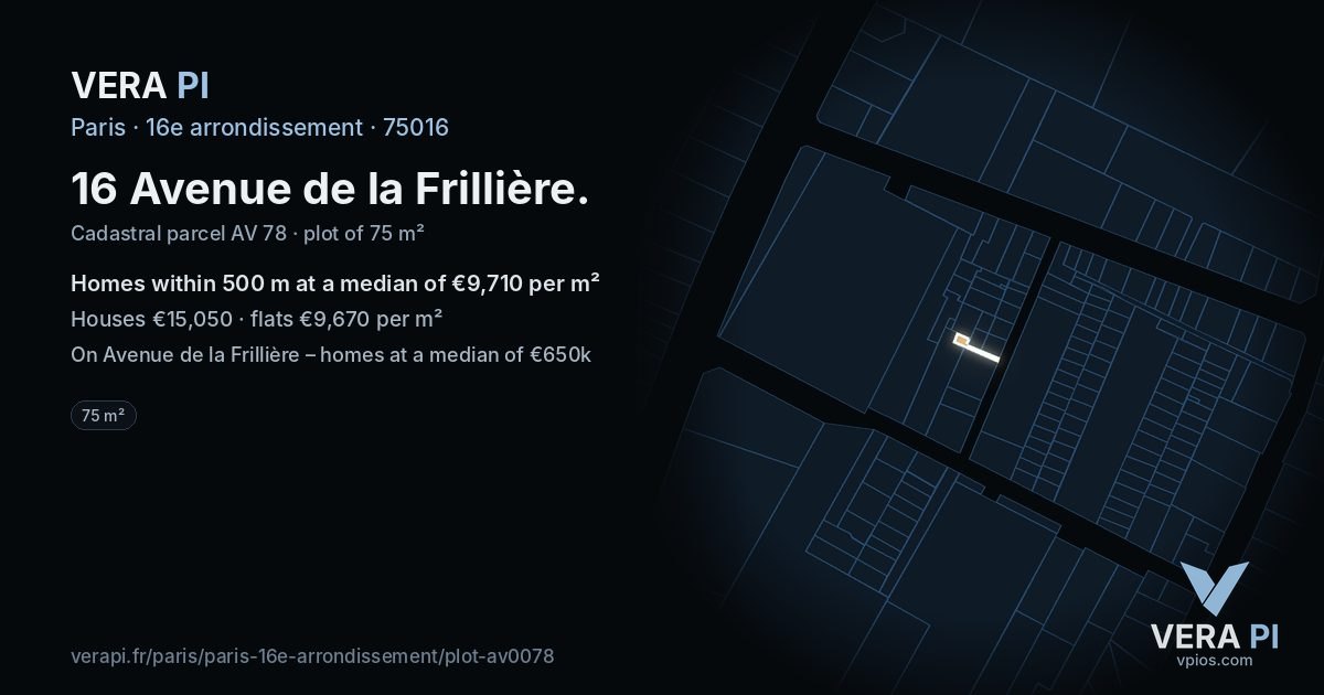 16 Avenue de la Frillière, 16e arrondissement at night – the plot lit, the parcels around coloured by the prices near them