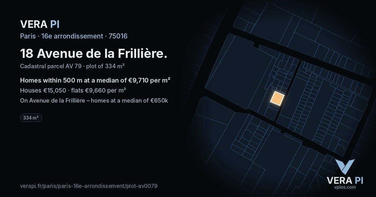 18 Avenue de la Frillière, 16e arrondissement at night – the plot lit, the parcels around coloured by the prices near them